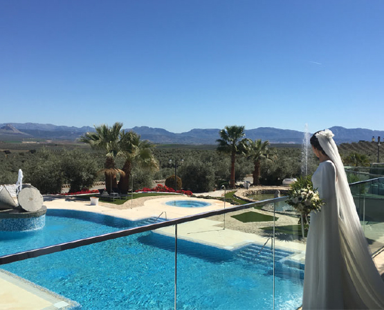 Novia mirando piscina y paisaje exterior